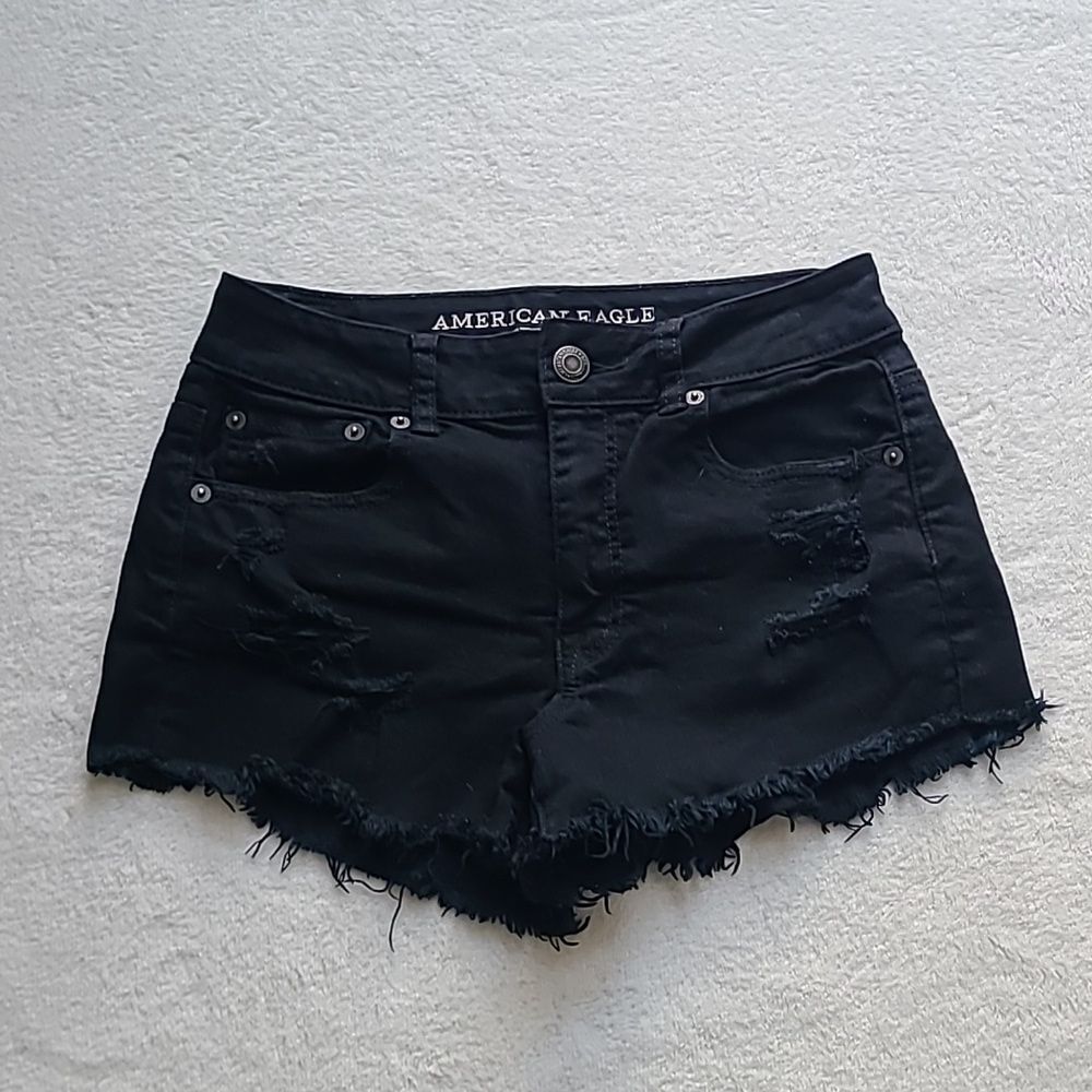 American Eagle Outfitters Black Frayed Jean Shorts 4 Distress Festival Mid Rise